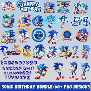 May include: A collection of colorful Sonic the Hedgehog-themed birthday designs. The image includes various illustrations of Sonic, along with the text "Happy Birthday!" and numbers and letters. The bottom of the image reads "SONIC BIRTHDAY BUNDLE/60+ PNG DESIGNS."
