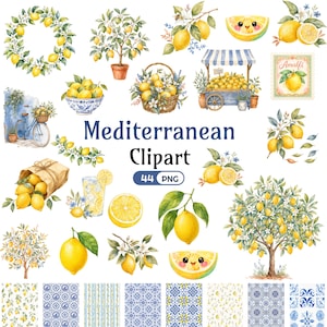 Mediterranean Lemon Clipart, Watercolor Lemon PNG, Amalfi Coast Summer Clipart, Main Squeeze Baby Shower, Tile Clipart, Commercial Use