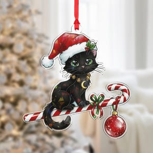 Acrylic Hologram Ornament: Black Cat in Santa Hat, Holiday Edition