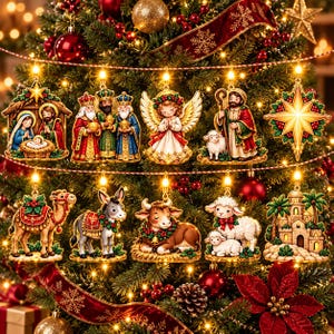 May include: A set of ten hanging Christmas tree ornaments featuring a nativity scene, the three wise men, an angel, a shepherd with a sheep, a star, a camel, a donkey, an ox, a sheep with a lamb, and a desert building, all illuminated.