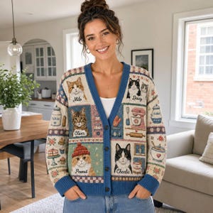 Personalized Pet Portrait Knitted Cardigan Cat Patchwork Sweater With Baking Theme