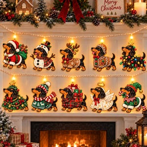 May include: A string of ten illuminated Christmas ornaments featuring dachshunds in various holiday costumes, including a Santa suit, snowman outfit, reindeer antlers, gingerbread pattern, string lights, tree, sweater, gifts, angel wings, and elf attire.