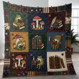 Reading Frog Quilt Blanket: Mushroom Forest Patchwork Throw, Dark Academia Book Lover Gift
