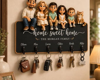 Custom Family Photo And Name Wood Key Holder, Personalized New Home Wall Key Hooks
