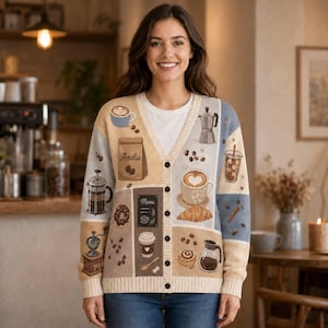 Personalized Coffee Lover Patchwork Cardigan: Barista Cafe Apparel Sweater