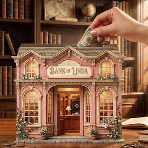 May include: A pink miniature bank with the name "BANK OF LINDA" on the front. A hand is inserting a dollar bill into the roof of the bank. The bank has detailed architectural features and is decorated with flowers.
