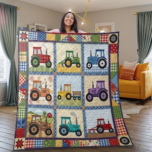 May include: A colorful quilt featuring nine squares, each showcasing a different tractor design. The tractors are in various colors, including red, green, blue, orange, yellow, and purple. The quilt has a patchwork border with red, blue, and green patterns.