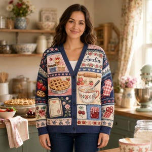 Personalized Baking Theme Knitted Cardigan Cottagecore Patchwork Sweater With Cherry Pie And Floral Pattern