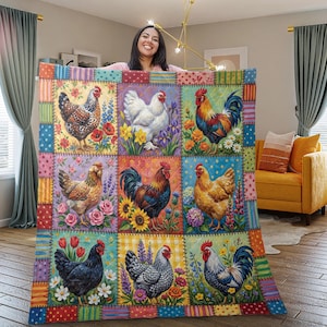 May include: A vibrant patchwork quilt with nine squares, each depicting a chicken or cockerel illustration amidst floral designs. The quilt's colours include red, blue, yellow, and green. It is made of a soft material, perfect for a cosy home.