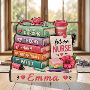 May include: A decorative desk organizer featuring a stack of five books labeled Intro to Nursing, Theory, Pharm, Fundamentals, and Patho. It includes a pink coffee cup, a notepad reading Future Nurse, a pink flower, pens, and the name Emma.
