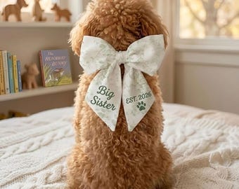 Big Sister Dog Bow: Toile Pregnancy Announcement - Embroidered New Baby Reveal
