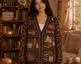 Personalized Knitted Cardigan Book Lover Reading Sweater Fall Black Cat Raccoon Apparel