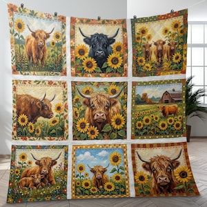 Highland Cow Sunflower Quilt Blanket: Rustic Farmhouse Patchwork Throw