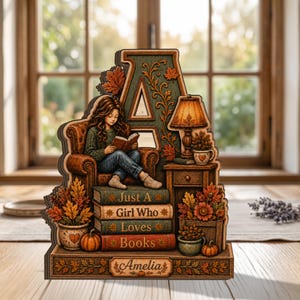 Panneau monogramme personnalisé en bois pour amoureux des livres, décoration de bureau automnale pour fille lisant