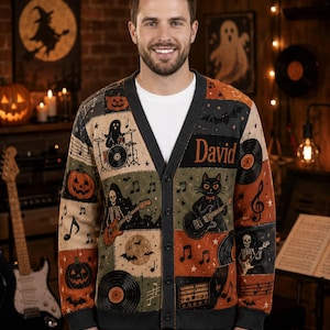 Personalized Patchwork Knitted Cardigan Halloween Skeleton Music Sweater Spooky Band Button Down