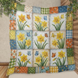 Daffodil Butterfly Quilt Blanket: Yellow Spring Floral Patchwork Throw - March Birth Flower Gift