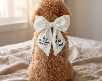 Personalized Dog Cat Wedding Wreath Sash: Embroidered I Do Too Bow Sash, Toile Wedding Pet Accessory