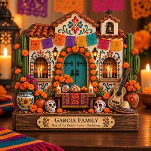 May include: A decorative Day of the Dead house display featuring a teal door, orange marigolds, two sugar skulls, a guitar, and a sombrero. The base includes a plaque reading GARCIA FAMILY Day of the Dead Love Tradition with colorful papel picado banners.