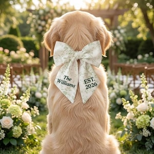 Custom Bow: Toile Pet Wedding Accessory - Embroidered Last Name Dog Cat Bow Tie