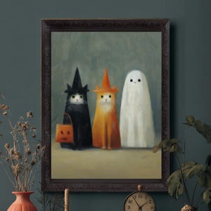 Whimsical Halloween Cat Art,  Witch, Ghost & Pumpkin