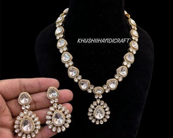 Moissaniet bruidsketting set, gouden vermeil traan huwelijkssieraden, luxe Indiase ketting + oorbellen