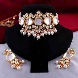 Kundan Choker Necklace Set: Pearl & Gold Plated Indian Bridal Jewelry