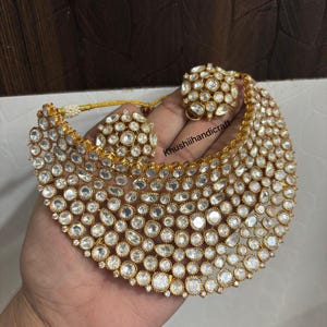 Moissaniet kundan choker set, vergulde Indiase bruidshuwelijkssieraden afbeelding 4