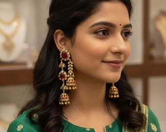 May include: Gold-toned chandelier earrings with red gemstone accents and bell-shaped dangles. The earrings are worn by a person wearing a green top with gold embroidery. The earrings have intricate detailing and a traditional design.