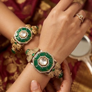 Sabyasachi Inspired Green Stone Polki Kada Bracelet Pair, Antique Gold Bridal Bangles