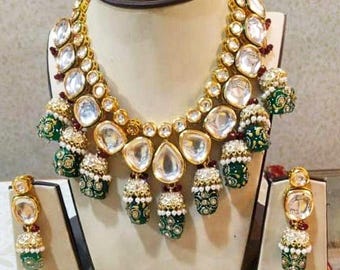 Kundan Choker Necklace Set | Green Meenakari Jhumkas, Indian Bridal Jewelry