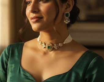 Moissanite Choker Necklace & Earrings Set with Emerald-Green Doublet Stone, Pearl Bead Details, Luxury Indian Wedding Choker, Gift for Her