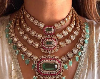 Designer Multi-Layered Kundan Polki Necklace & Earrings Set – Traditional Bridal Jewelry with Emerald Green Beads