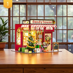 Christmas Shop Cottage 3D Puzzle, DIY Handmade Model, Wooden Assembly Decoration, Christmas Gift, Miniature House, Craft Kit, Holiday Decor