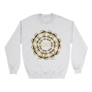 May include: A gray sweatshirt with a design of a circle of cowrie shells with an infinity symbol in the center. The text "passtheinfinity.com" is printed below the design.