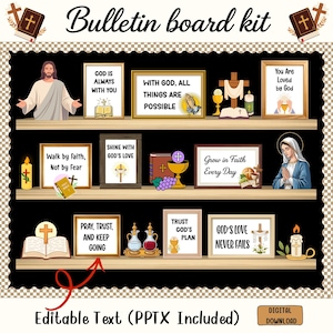 May include: A bulletin board kit featuring three shelves with religious imagery and text. Items include illustrations of Jesus, Mary, crosses, candles, chalices, and framed signs with phrases like God is Always With You and Trust God's Plan.