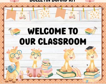May include: A back to school bulletin board kit featuring the text "WELCOME TO OUR CLASSROOM" on a white wood background. The design includes illustrations of giraffes with glasses, stacks of books, and a decorative bunting banner with polka dots.