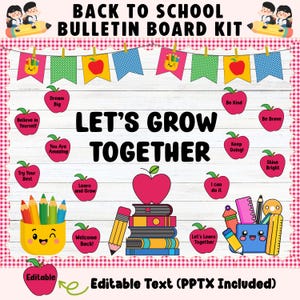 以下が含まれることがあります： 「LET'S GROW TOGETHER」の文字、やる気を起こさせるフレーズが書かれたカラフルなリンゴの切り抜き、本の山、ペン立て、文房具オーガナイザーが描かれた、白い木目調の背景の学校掲示板用キット。