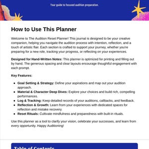 Puede incluir: Un planificador titulado "The Actor's Audition Arc" con un encabezado azul y texto. La guía incluye secciones sobre establecimiento de objetivos, inmersiones profundas en personajes y seguimiento de audiciones. Está diseñado para notas escritas a mano.