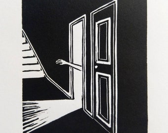 The open door- small original linocut print