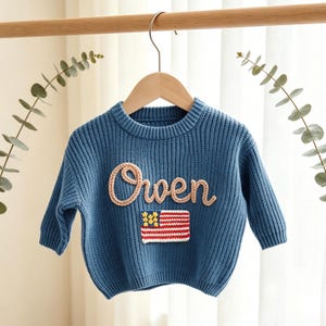 American Flag Sweater, Personalized Embroidered Baby Name USA Flag Sweater, 4th of July Cropped Sweater, Independence Day Sweater, Baby Gift