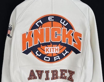 Chaqueta bomber de cuero Knicks Kith x Avirex – Chaqueta de cuero genuino estilo motero, chaqueta Avirex premium estilo universitario, hecha a mano a medida, ideal como regalo para él.