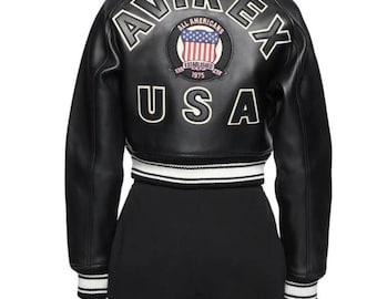 Black Avirex USA Cropped Icon Leather Jacket Women’s Bomber Jacket Genuine Cowhide Varsity Style Streetwear Fashion Jacket Gift for Her