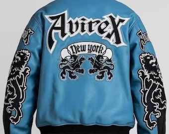 Vintage Style Avirex Leather Bomber Jacket Genuine Cowhide Leather Varsity Jacket with New York Patch Avirex Streetwear Fashion Jacket Gift