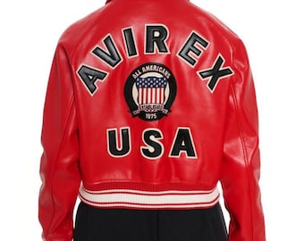 Avirex Women Cropped Red Leather Bomber Jacket Genuine Cowhide Streetwear Leather Jacket Fashion Outfit Christmas Gift for Her