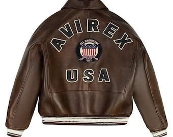 Avirex Icon Leather Jacket USA Military Bomber Jacket Original Cowhide Brown Leather Biker Jacket AVIREX Bomber Jacket Gift for Lovers