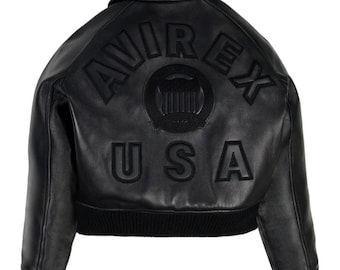 Avirex Cropped Icon Black Leather Jacket Women’s Bomber Jacket Genuine Cowhide Varsity Style Streetwear Fashion Jacket Gift for Her