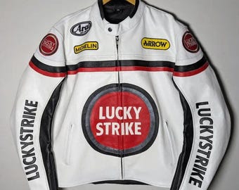 Lucky Strike Racing Leather Jacket White Genuine Cowhide Leather Motorcycle Jacket Biker Racing Jacket for Men Best Gift for Riders