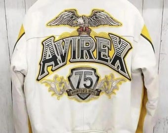 Avirex Vintage style Leather Jacket Yellow Aviator King 75 Mens Bomber Avirex jacket USA Icon Real Leather Jacket Biker Jacket Gift For Him