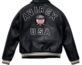 Avirex USA Icon Black Leather Jacket Mens Military Bomber Jacket Genuine Cowhide Leather Biker Jacket Varsity Style Perfect Gift for Him