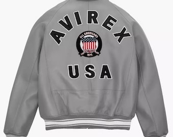 Chaqueta de cuero estilo bombardero Avirex USA gris para hombre, estilo universitario, chaqueta de motociclista de cuero de vaca genuino, ropa de calle, regalo perfecto para él y para ella